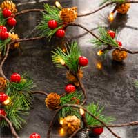 String of Pinecones with Lights & Pine Needles, Hollyberries