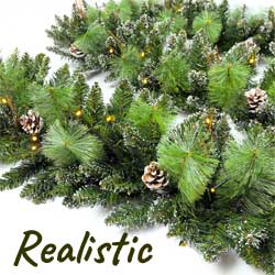 Rustic Natural Farmhouse Garland with Pinecones, Snow, Lights