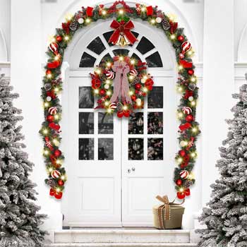 Christmas Cone and Berry Garland Hanging Around Front Door