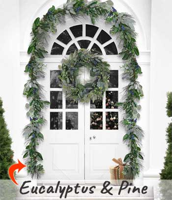 Eucalyptus and Pine Garland with Matching Wreath on Front Door