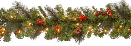 Lighted Pine Garland with Pinecones, Berries and Lights