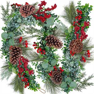 Pine & Eucalyptus Garland with Natural Pinecones, Faux Red Berries and a Unique Mix of Leaves and Branches