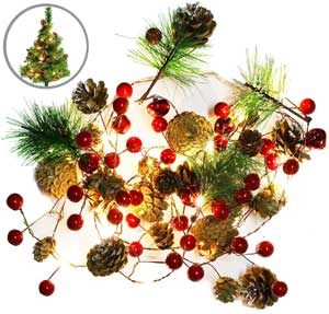 Pinecone, Cranberry and Lights on a Natural String Garland (with Battery Pack)