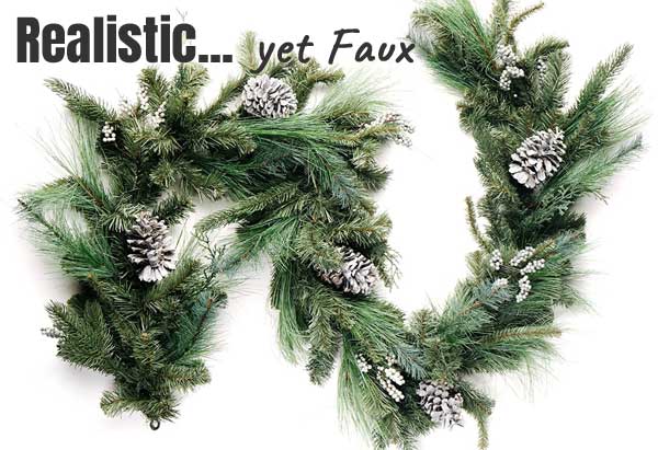 Realistic Pine Garland with Mixed Branches, Natural Pinecones and Berries