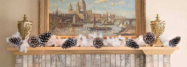White Pine Cone Garland - Artificial White Garland with Frosted Pine Cones on Fireplace Mantel