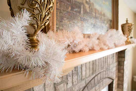 Faux White Pine Garland on Fireplace Mantle